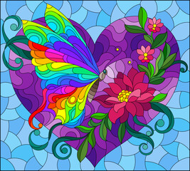 Obraz premium Iillustration in the style of a stained glass window with a bright butterfly , lotus flower and heart on a blue background