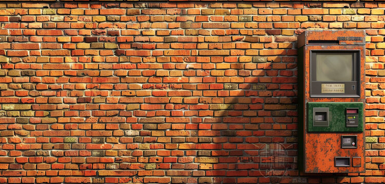 Urban streetscape with an ATM machine mockup set against a textured brick wall, seamlessly integrated.