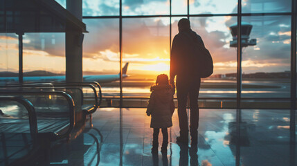 Family travel, airport sunset silhouette. Silhouette of father and child holding hands at airport, watching sunset and airplane takeoff, travel concept
