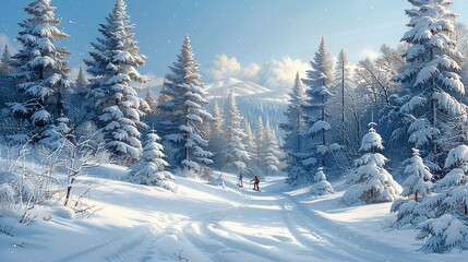 Fototapeta premium Nature Illustration, Winter Snowshoeing Through a Forest: An illustration of people snowshoeing through a snowy forest, with tall pine trees covered in snow and a clear winter sky above. Illustration