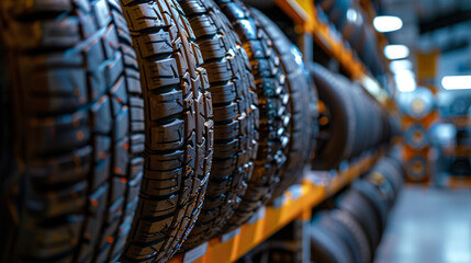 A row of new tires neatly displayed on racks in a tire shop. The image conveys a wide selection of tire options available for different vehicles, highlighting the variety and quality of products