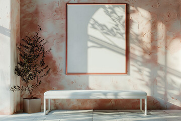 Artistic gallery setting with a white bench and blank copper frame under morning sunlight