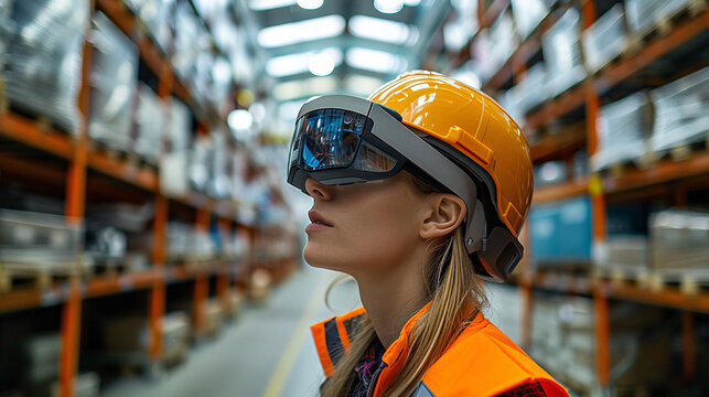 A warehouse worker using augmented reality glasses to navigate through aisles and locate items for shipment. The AR display shows overlay information, enhancing accuracy and speed in logistics - Powered by Adobe