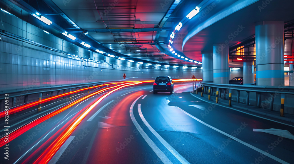 Poster car driving through illuminated tunnel. a lone car with headlights shining drives through a modern, 