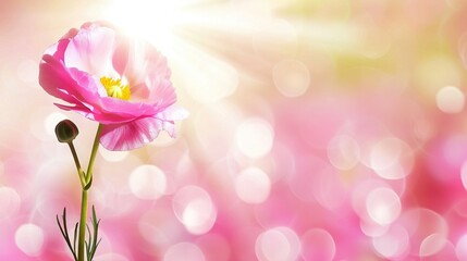   A pink flower with a clear sunburst in a blurred background