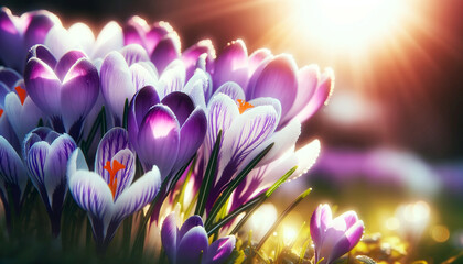 Blooming lilac crocuses close up on a sunny day