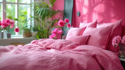  Bed with pink sheets and pillows in front of window with potted plants in sill