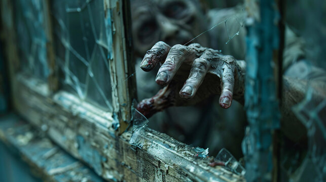 A dramatic close-up of a zombie reaching through a broken window, its decayed hand grasping for anything within reach. The background shows a dark, abandoned room, heightening the sense of danger and