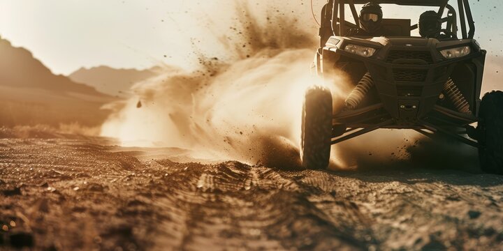 Off-road vehicle, UTV, tearing through sandy desert at high speed. Powerful wheels kick up massive cloud of dust and debris