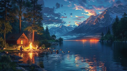 Nature Illustration, Summer Campfire by a Lake: A cozy camping scene with a campfire by a lake, campers sitting around the fire, roasting marshmallows, and enjoying the summer evening. Illustration