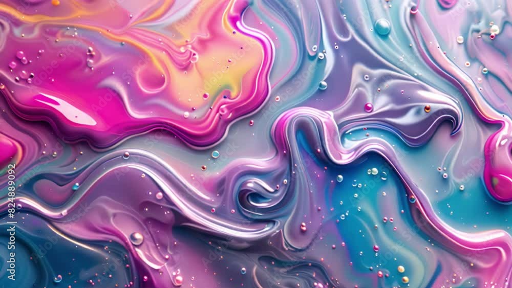 Aufkleber a vibrant mix of pink and blue paints with swirling patterns and scattered droplets, creating a dyna