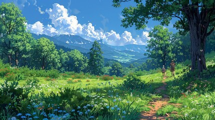 Nature Illustration, Summer Hiking Through a Forest Trail: An illustration of hikers walking along a forest trail in summer, with lush green trees, wildflowers, and a clear blue sky. Illustration