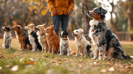 A professional dog trainer working with a group of dogs in a park, demonstrating obedience and...