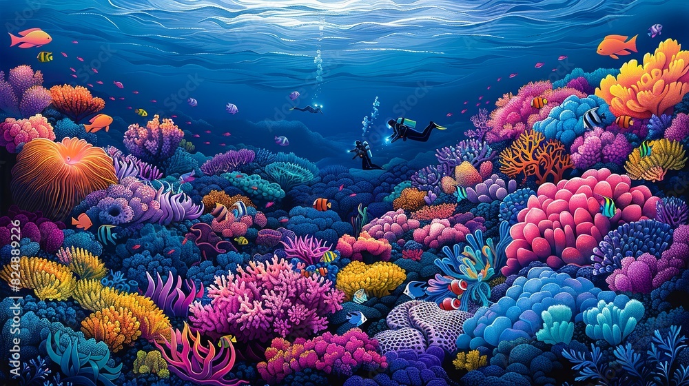 Wall mural Nature Illustration, Underwater Adventure with Coral Reefs: A vibrant underwater illustration featuring divers exploring a colorful coral reef, surrounded by various fish and marine life.