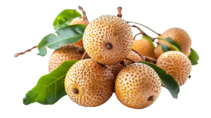 A cluster of various fruits resting on top of a tree in a natural setting