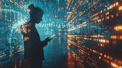 A conceptual photo depicting a person engaged in the Metaverse via their mobile phone, set against a backdrop of futuristic blockchain technology. 