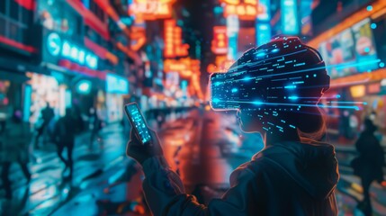 A futuristic scene of a person using their mobile phone to dive into the Metaverse, with blockchain technology seamlessly integrated into the virtual experience. 