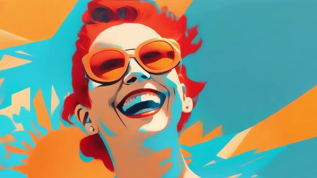 beautiful woman in sunglasses happily smiles on vacation in retro comic book cartoon drawing style. Woman travel animation -4k stock video footage animation video