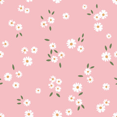 Seamless pattern with daisy flower and green leaves on pink background vector.