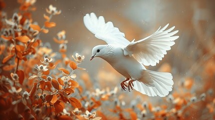   A white bird flies over an orange-white flower tree with spread wings and beak up high