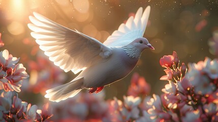   A bird in flight, wings spread, amidst pink and white blossoms