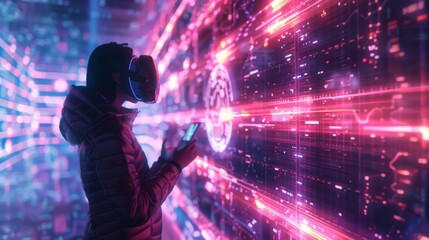 In a conceptual photo, a person enjoys the Metaverse via their mobile phone, surrounded by holographic interfaces. This scene highlights 