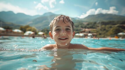 Photo of a happy child in summer in open swimming pool view on mountains on background. Family resort, program in hotel for kids.