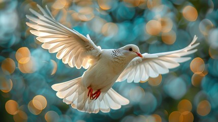   A white bird soaring through the air with its wings spread wide and a halo of light behind it