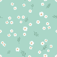 Seamless pattern with daisy flower and branches on green background vector.