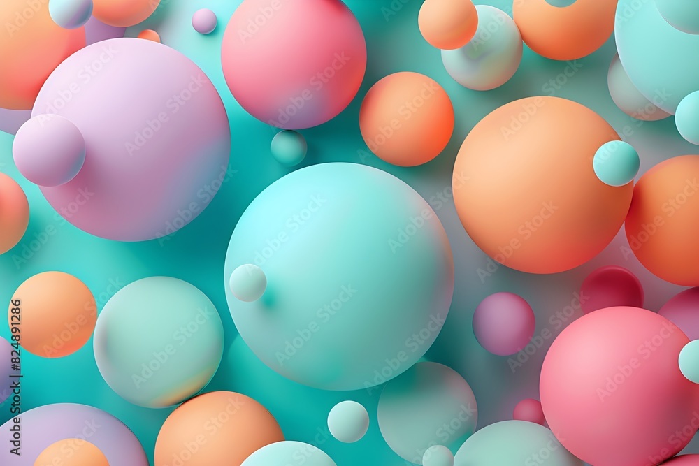 Poster 3d render of abstract spheres in pastel colors, background for web design or print on demand product