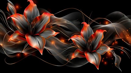   A black background with red and white flowers on either side of the image