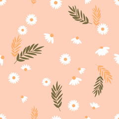 Seamless pattern with daisy flower and green branch on orange background vector. Cute floral print.