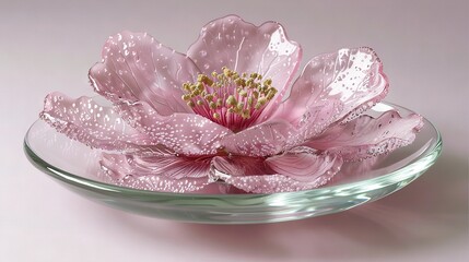   Pink flower with water droplets on petals and a gold centerpiece in glass bowl