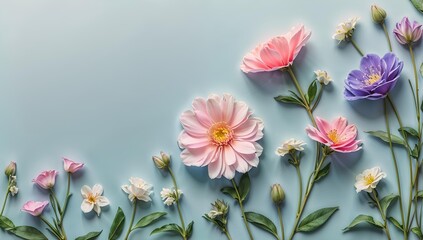 Delicate arrangement of pastel-colored flowers on a light blue background creating a beautiful card