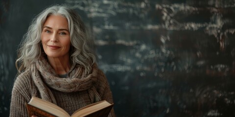 Portrait of an older woman with gray hair reading a book, wearing a warm sweater, against a dark textured background. Banner with copy space - Powered by Adobe