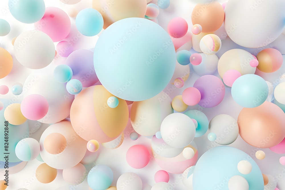 Poster 3d render of abstract spheres in pastel colors, background for web design or print on demand product
