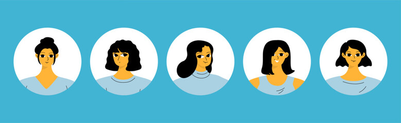 Collection of different people avatars. Round icons with various smiling women. Modern vector illustration.