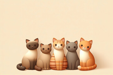a Siamese cat, a tabby cat in center, orange cat, brown cat, a cream-colored cat