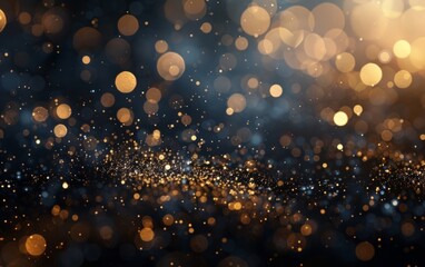 Golden sparks and bokeh lights shimmering in dark, festive background.