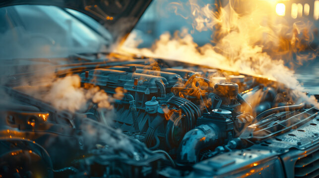 A close-up view of a car engine billowing thick smoke, signaling a potential breakdown or overheating issue
