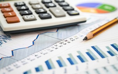 Graphs and charts with a calculator and pencil on a desk.