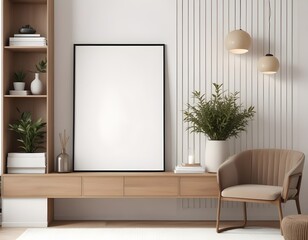 Frame mockup, ISO A paper size. Living room wall poster mockup. Modern interior design. Interior mockup with house background. 3D render