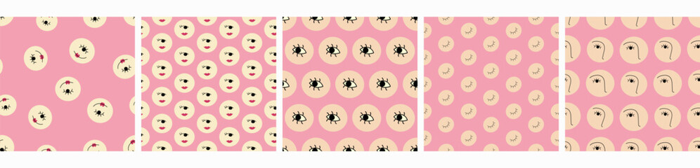 Set of five patterns, funny figures. Continuous design with creative shapes, repeating texture.
