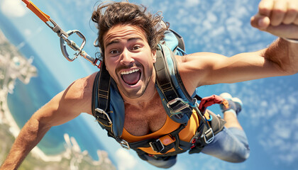 Man's thrill bungee jumping from hot-air balloon captures excitement, adventure, and adrenaline. With joyful expression, he embraces freefalling, embodying bravery, fearlessness in daring activity