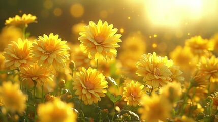   Yellow flowers fill a field with sunlight filtering through their leaves on the right
