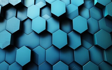 Hexagonal shapes in blue gradient forming a digital pattern on a dark background.