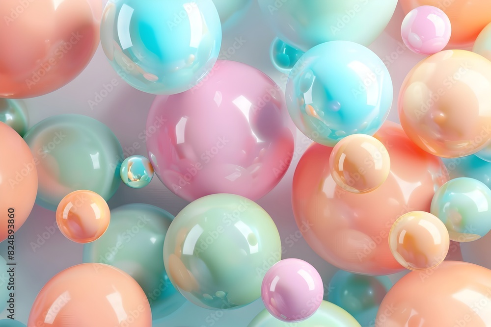 Poster 3d render of abstract spheres in pastel colors, background for web design or print on demand product