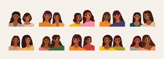 Set of joyful black sisters, friends or colleagues. Cartoon female faces. Flat vector illustration selfie or photo.