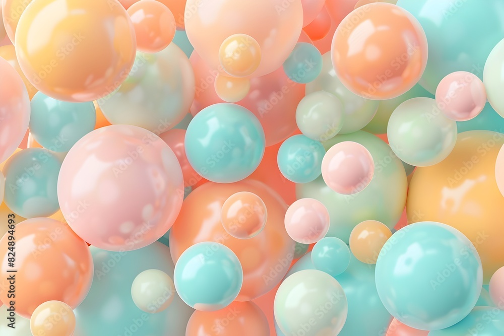 Aufkleber 3d render of abstract spheres in pastel colors, background for web design or print on demand product