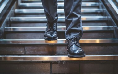 Man in a suit ascending a staircase with focus on shoes.